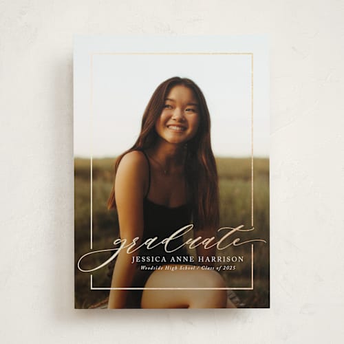 This is a ivory graduation announcements with foil pressed by Yaling Hou Suzuki called break boundaries printing on recycled smooth signature in standard