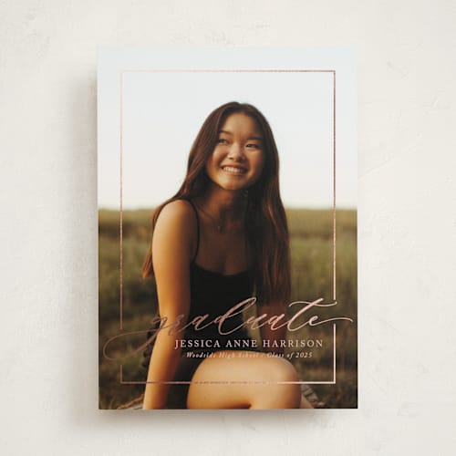 This is a rose graduation announcements with foil pressed by Yaling Hou Suzuki called break boundaries printing on recycled smooth signature in standard