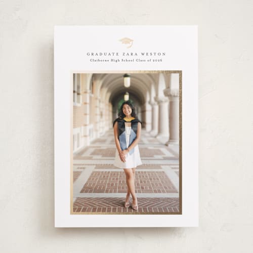 This is a cotton graduation announcements with foil pressed by Stacey Meacham called elegant frame printing on recycled smooth signature in standard