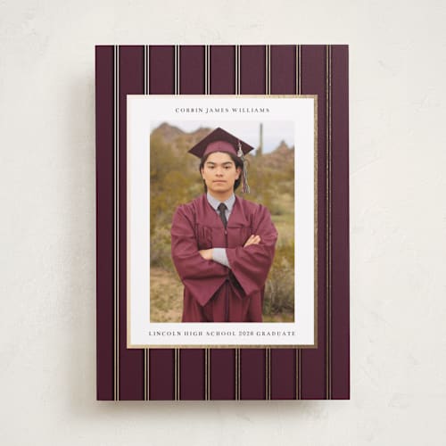 This is a burgundy graduation announcements with foil pressed by Baumbirdy called graduate stripe printing on recycled smooth signature in standard