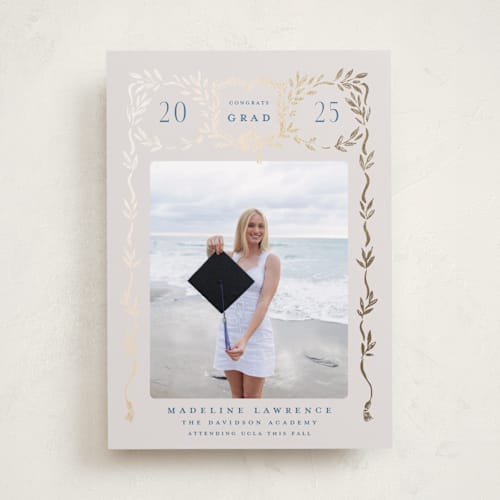 This is a indigo graduation announcements with foil pressed by Petra Kern called grad crest printing on recycled smooth signature in standard