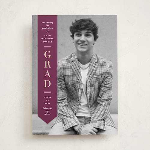 This is a maroon graduation announcements with foil pressed by Lauren Chism called classic sash printing on recycled smooth signature in standard