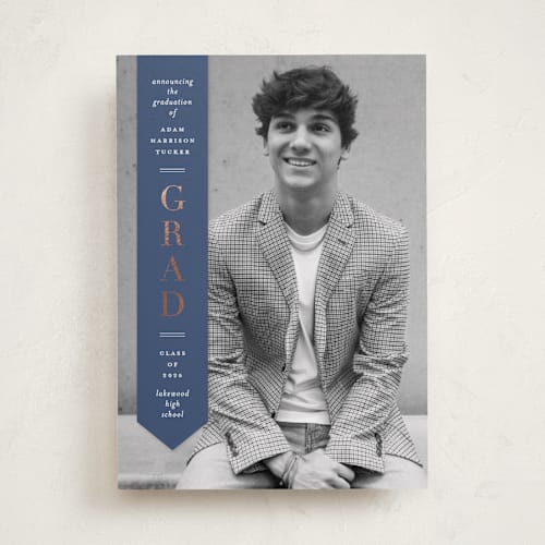 This is a denim graduation announcements with foil pressed by Lauren Chism called classic sash printing on recycled smooth signature in standard