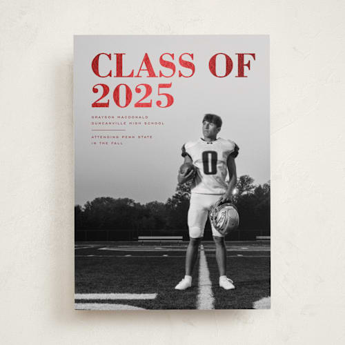 This is a crimson graduation announcements with foil pressed by Emily Sabol Goss called bold headline printing on recycled smooth signature in standard