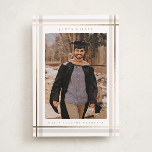 This is a tan graduation announcements with foil pressed by Ashley Presutti Beasley called traditional plaid printing on recycled smooth signature in standard