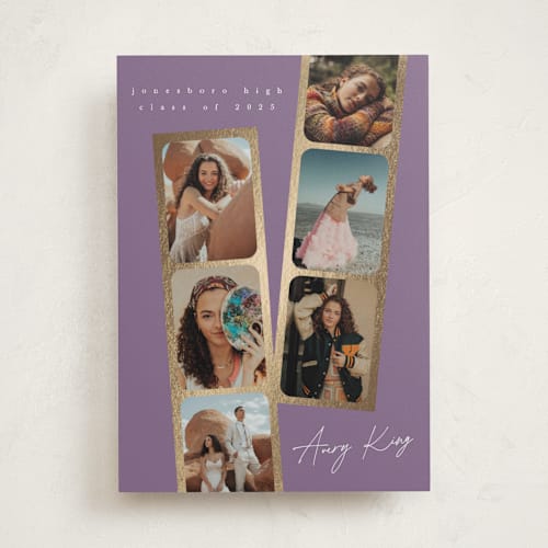 This is a violet graduation announcements with foil pressed by Leah Bisch called snapshots printing on recycled smooth signature in standard