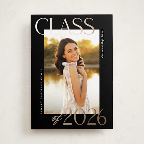 This is a licorice graduation announcements with foil pressed by Jessica Williams called scholarly surround printing on recycled smooth signature in standard