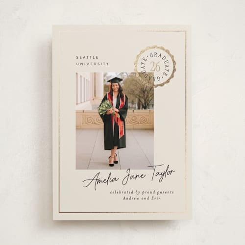 This is a cream graduation announcements with foil pressed by Alethea and Ruth called certificate printing on recycled smooth signature in standard