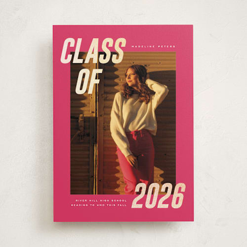 This is a magenta graduation announcements with foil pressed by Emily Sabol Goss called italic shimmer printing on recycled smooth signature in standard