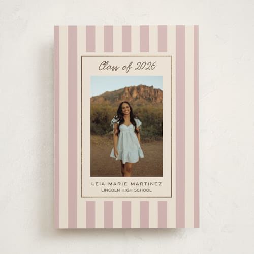 This is a blush graduation announcements with foil pressed by Ani Somi called grad stripes printing on recycled smooth signature in standard