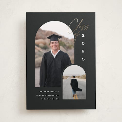 This is a chalkboard graduation announcements with foil pressed by Leah Bisch called our class printing on recycled smooth signature in standard