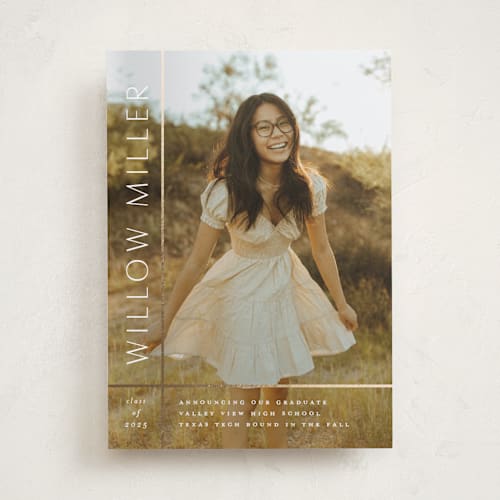 This is a chalk graduation announcements with foil pressed by Lauren Chism called grids printing on recycled smooth signature in standard