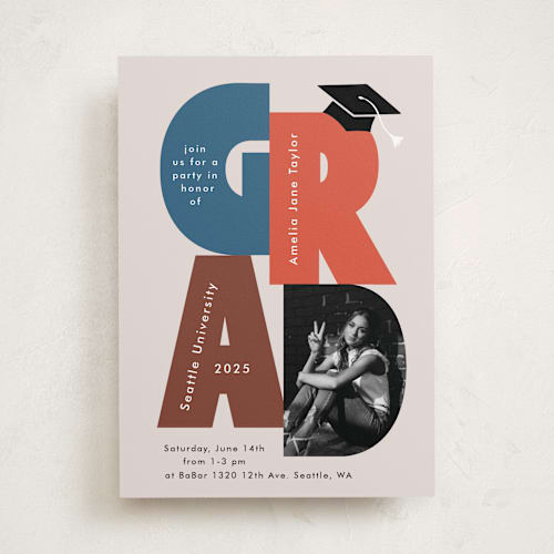 This is a denim graduation invitations with standard by Alethea and Ruth called grad letter pic printing on recycled smooth signature in standard