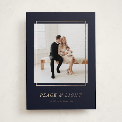 This is a midnight hanukkah cards with foil pressed by Katherine Moynagh called modern elegant printing on recycled smooth signature in standard