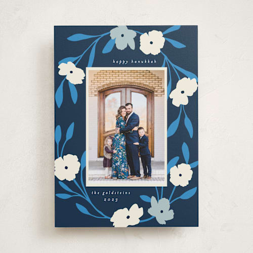 This is a navy hanukkah cards with standard by Morgan Kendall called pop floral printing on recycled smooth signature in standard