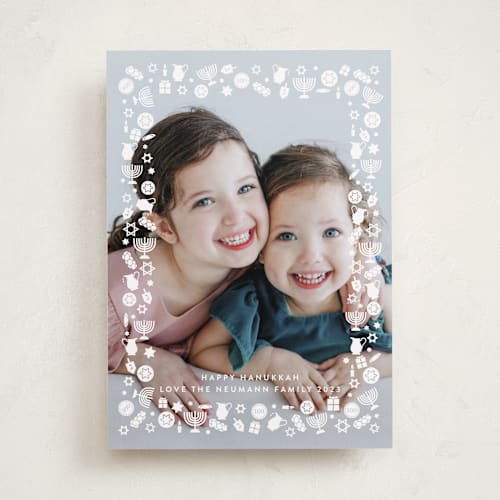 This is a snow hanukkah cards with standard by Becky Nimoy called hanukkah frame printing on recycled smooth signature in standard