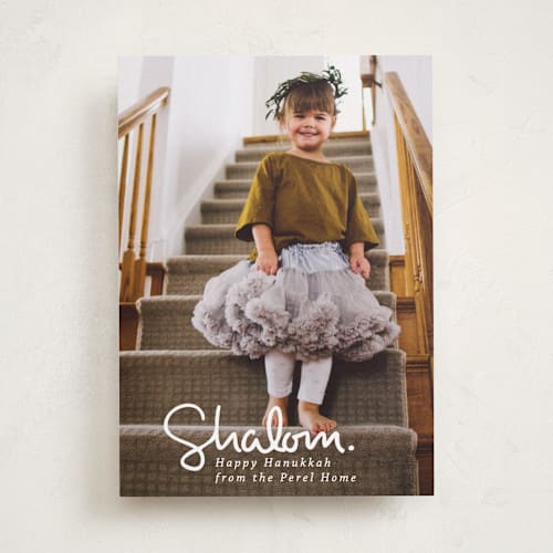 This is a snow hanukkah cards with standard by Akweley Creative called simply shalom printing on recycled smooth signature in standard