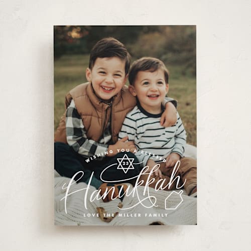 This is a snow hanukkah cards with standard by Becky Nimoy called hanukkah hand lettering printing on recycled smooth signature in standard