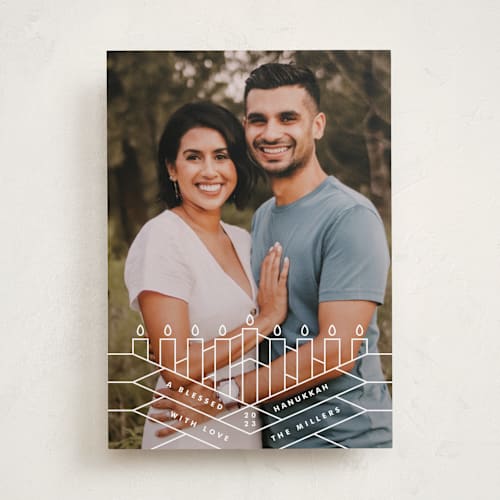 This is a snow hanukkah cards with standard by Becky Nimoy called geometric menorah printing on recycled smooth signature in standard