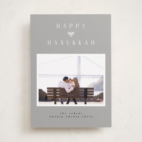 This is a slate hanukkah cards with standard by Maja Cunningham called modern menorah printing on recycled smooth signature in standard