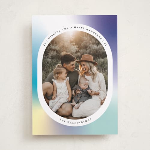 This is a moonlight hanukkah cards with standard by Annie Shapiro called clay printing on recycled smooth signature in standard