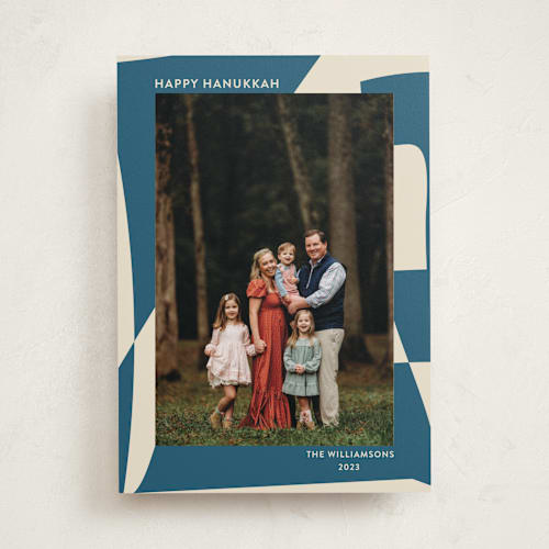 This is a sky hanukkah cards with standard by Beth Vassalo called abstract in blue printing on recycled smooth signature in standard