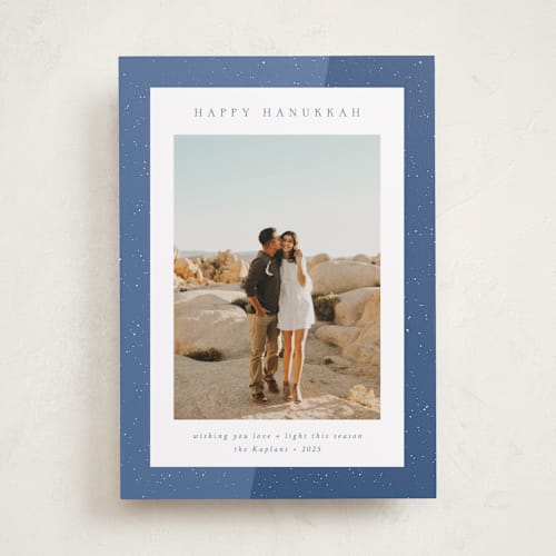 This is a celestial hanukkah cards with standard by Emily Sabol Goss called textured printing on recycled smooth signature in standard