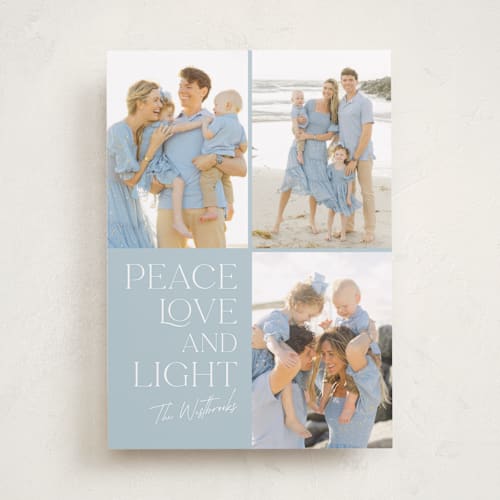 This is a cornflower hanukkah cards with standard by Erin Deegan called peace love light printing on recycled smooth signature in standard