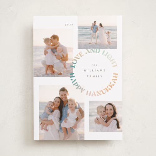 This is a linen hanukkah cards with standard by Robert and Stella called mod light printing on recycled smooth signature in standard