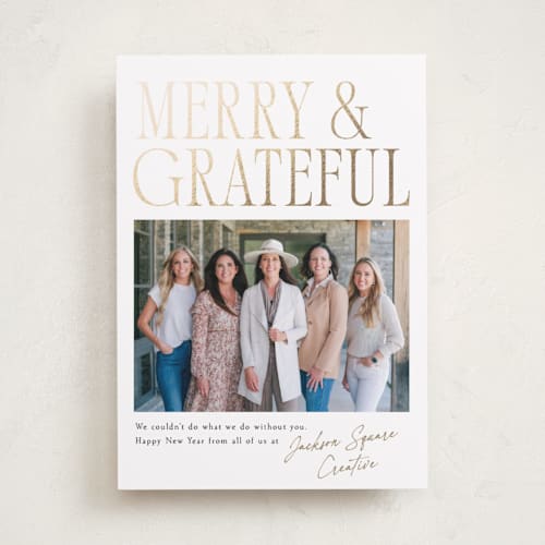 This is a snow business holiday cards with foil pressed by Robert and Stella called merry & grateful printing on recycled smooth signature in standard
