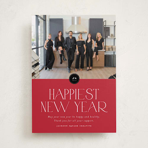 This is a cranberry business holiday cards with standard by Stephanie Hawkes called happiest holidays printing on recycled smooth signature in standard