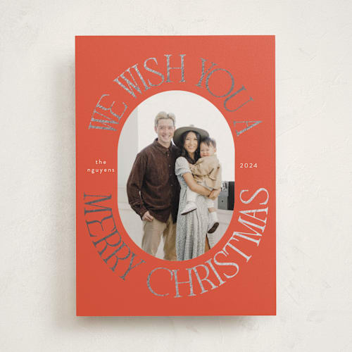 This is a holly berry foil pressed holiday cards with foil pressed by Morgan Kendall called merry wish printing on recycled smooth signature in standard