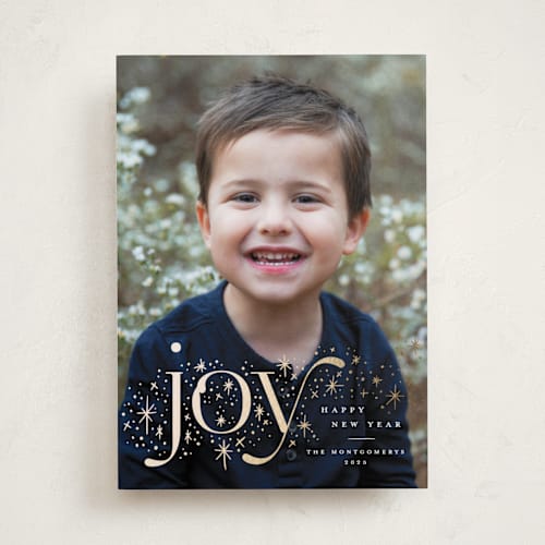 This is a sparklers foil pressed holiday cards with foil pressed by Wildfield Paper Co called sparkling joy! printing on recycled smooth signature in standard