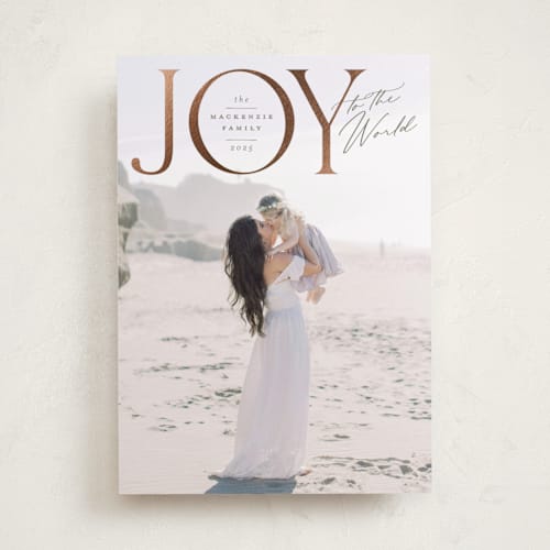 This is a pine foil pressed holiday cards with foil pressed by Wildfield Paper Co called joy to all the world printing on recycled smooth signature in standard