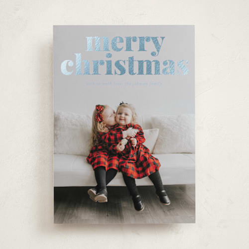 This is a wintermint foil pressed holiday cards with foil pressed by Carolinne Cruz called merry & matching printing on recycled smooth signature in standard