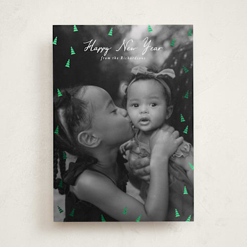 This is a snow foil pressed holiday cards with foil pressed by Heather Schertzer called tree lot printing on recycled smooth signature in standard