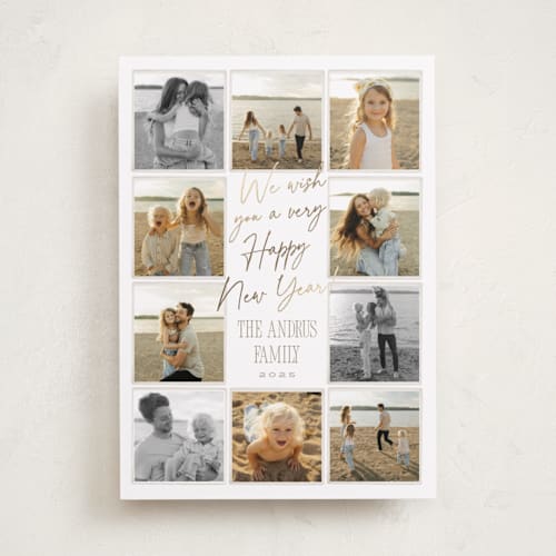 This is a snow foil pressed holiday cards with foil pressed by Robert and Stella called christmas candids printing on recycled smooth signature in standard