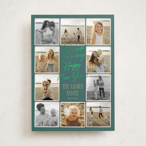 This is a balsam fir foil pressed holiday cards with foil pressed by Robert and Stella called christmas candids printing on recycled smooth signature in standard