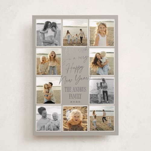 This is a tinsel foil pressed holiday cards with foil pressed by Robert and Stella called christmas candids printing on recycled smooth signature in standard