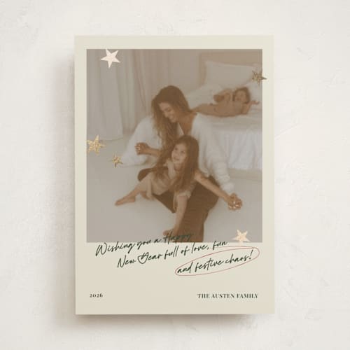 This is a holly berry foil pressed holiday cards with foil pressed by Helena Vitto called messy christmas printing on recycled smooth signature in standard