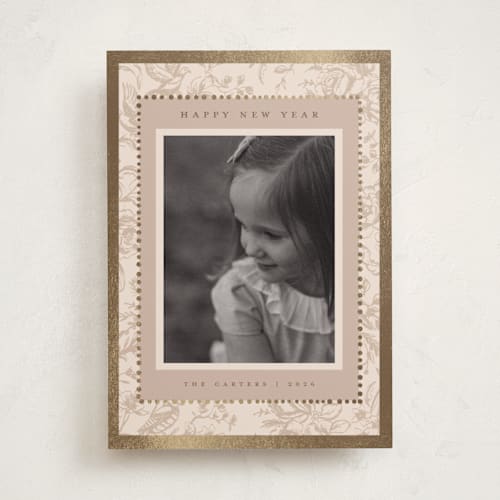 This is a caramel foil pressed holiday cards with foil pressed by Teju Reval called gilded toile printing on recycled smooth signature in standard