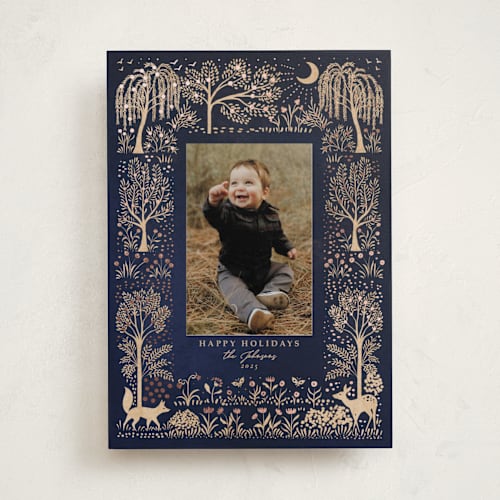 This is a midnight foil pressed holiday cards with foil pressed by Sabrin Deirani called forest under the moonlight printing on recycled smooth signature in standard