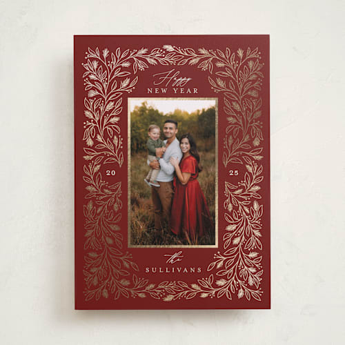 This is a mulled wine foil pressed holiday cards with foil pressed by Randi Cirelli called merry pines printing on recycled smooth signature in standard