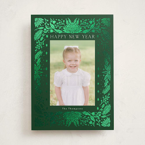 This is a juniper foil pressed holiday cards with foil pressed by Devika Keskar called floral rejoice printing on recycled smooth signature in standard