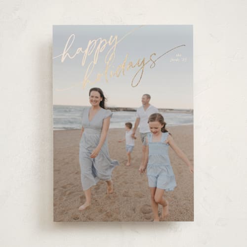 This is a honey foil pressed holiday cards with foil pressed by Julia Hall called jotted christmas printing on recycled smooth signature in standard