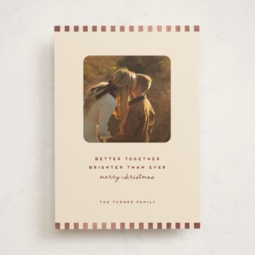 This is a merlot foil pressed holiday cards with foil pressed by Kindred Fields called brighter than ever printing on recycled smooth signature in standard