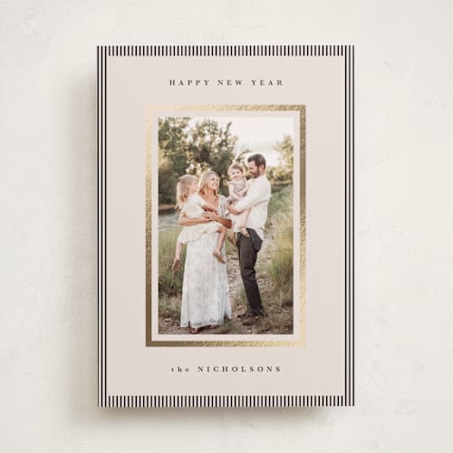 This is a linen foil pressed holiday cards with foil pressed by Kelly Schmidt called striped border printing on recycled smooth signature in standard