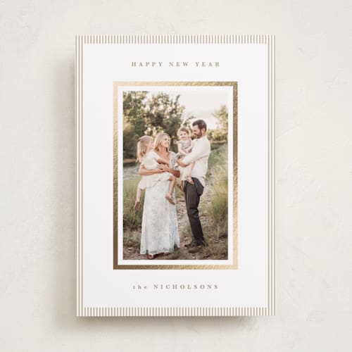 This is a tinsel foil pressed holiday cards with foil pressed by Kelly Schmidt called striped border printing on recycled smooth signature in standard