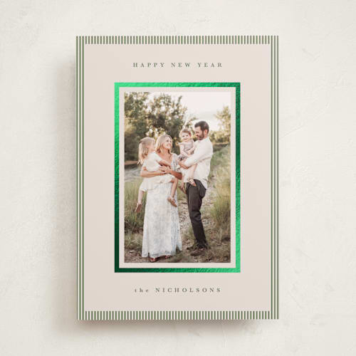 This is a cedar foil pressed holiday cards with foil pressed by Kelly Schmidt called striped border printing on recycled smooth signature in standard