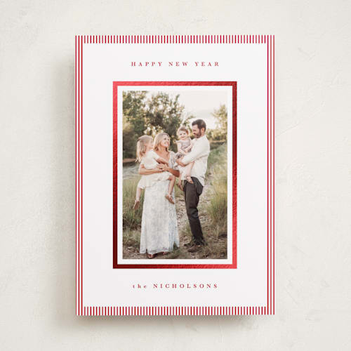 This is a berry foil pressed holiday cards with foil pressed by Kelly Schmidt called striped border printing on recycled smooth signature in standard